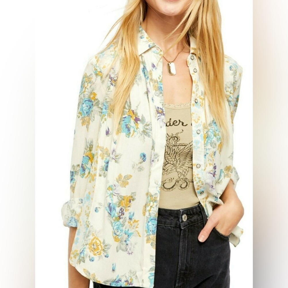 FREE PEOPLE HOLD ON TO ME FLORAL LONG SLEEVE BLOUSE IVORY COMBO SIZE SMALL
